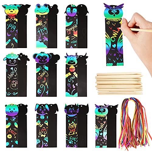 50pcs Papel de Rascar Papel Scratch Art Manualidades Creativas Dibujar de Rascar con Lápices de Madera Cuerda Colores Papel de Marcador de Libros Animales para Niños Infatiles