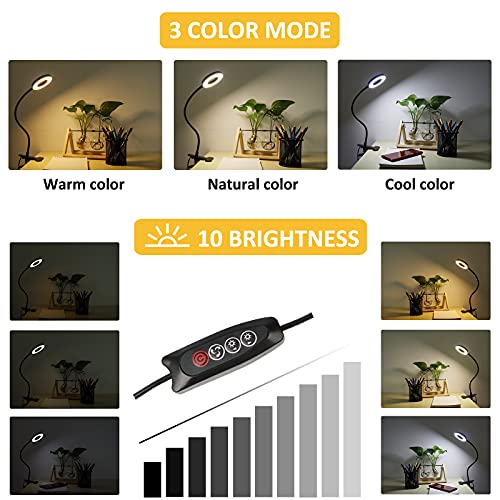 7W Flexo Negro con Pinza, 48 LEDs, 3 Colores y 10 Intensidades Variables, Luces Mesilla de Noche, Lampara Pinza para Cabecero Cama, Luz LED Lectura Libros, Aro de Luz para Tatuar, Manicura