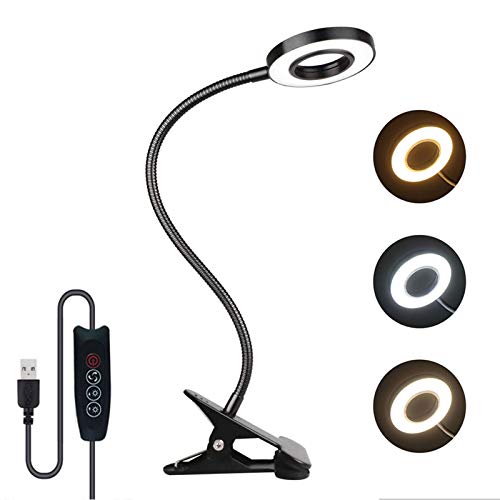 7W Flexo Negro con Pinza, 48 LEDs, 3 Colores y 10 Intensidades Variables, Luces Mesilla de Noche, Lampara Pinza para Cabecero Cama, Luz LED Lectura Libros, Aro de Luz para Tatuar, Manicura