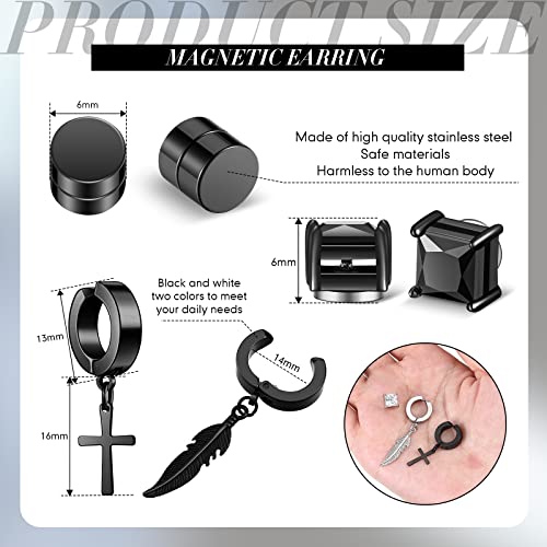 8 Pares de Pendientes Falsos Magnéticos Pendientes Postizos Pendientes de Aros de Acero Inoxidable Set de Aretes de Clip Joyas No Perforantes para Hombres Mujeres Negro Plata