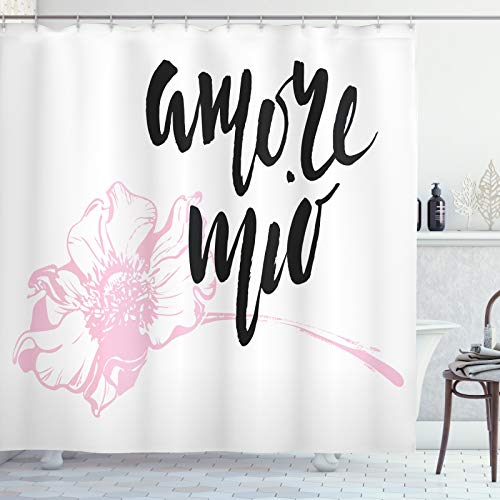 ABAKUHAUS Decir Amore Cortina de Baño, Amore Mio con la Flor, Material Resistente al Agua Durable Estampa Digital, 175 x 220 cm, Rosa pálido Gris carbón