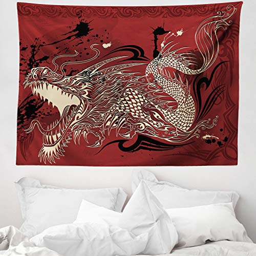 ABAKUHAUS Dragón Tapiz de Pared y Cubrecama Suave, Bosquejo Dragón Enfadado sobre Fondo Desgastado Mitología Japonesa Patrón Etéreo, Lavable Colores Firmes, 150 x 110 cm, Rubí