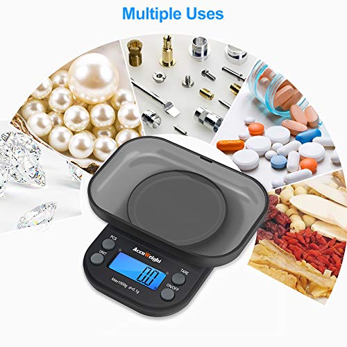 ACCUWEIGHT 255 Báscula de Cocina Portátil de Bolsillo para Joyería con Pantalla LCD Retroiluminada, Funciones de Tara y PCS, Báscula Electrónica Multifuncional de 1000 g / 0.1 g