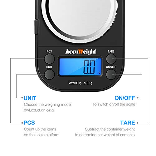 ACCUWEIGHT 255 Báscula de Cocina Portátil de Bolsillo para Joyería con Pantalla LCD Retroiluminada, Funciones de Tara y PCS, Báscula Electrónica Multifuncional de 1000 g / 0.1 g