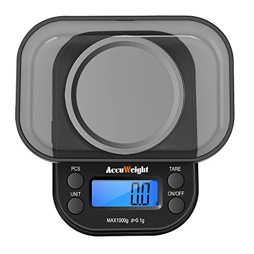 ACCUWEIGHT 255 Báscula de Cocina Portátil de Bolsillo para Joyería con Pantalla LCD Retroiluminada, Funciones de Tara y PCS, Báscula Electrónica Multifuncional de 1000 g / 0.1 g