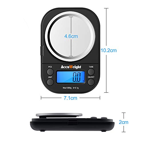 ACCUWEIGHT 255 Báscula de Cocina Portátil de Bolsillo para Joyería con Pantalla LCD Retroiluminada, Funciones de Tara y PCS, Báscula Electrónica Multifuncional de 1000 g / 0.1 g