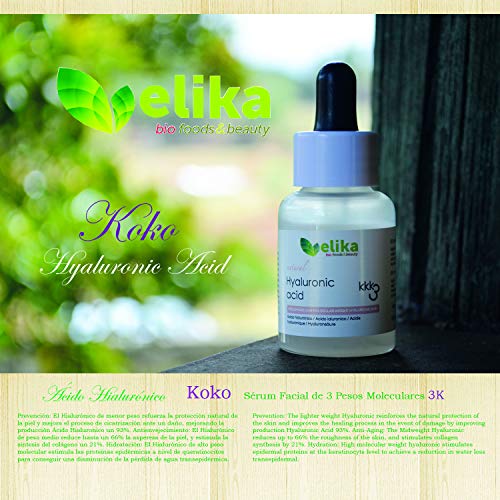 Ácido Hialurónico puro “Koko” de Elikafoods®. Sérum facial hyaluronic 3K, triple efecto antiedad, ultrahidratante y reafirmante, prevención antienvejecimiento. Indicada para todo tipo de piel, 30ml.