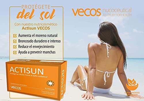 Actisun Vecos con betacaroteno para un bronceado natural y luminoso – Antioxidante con vitaminas C y E para la protección de la piel contra radiaciones ultra violetas y radicales libres – 60 cápsulas