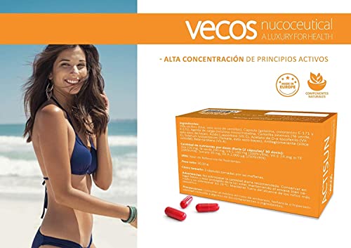 Actisun Vecos con betacaroteno para un bronceado natural y luminoso – Antioxidante con vitaminas C y E para la protección de la piel contra radiaciones ultra violetas y radicales libres – 60 cápsulas