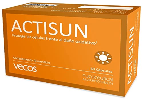 Actisun Vecos con betacaroteno para un bronceado natural y luminoso – Antioxidante con vitaminas C y E para la protección de la piel contra radiaciones ultra violetas y radicales libres – 60 cápsulas