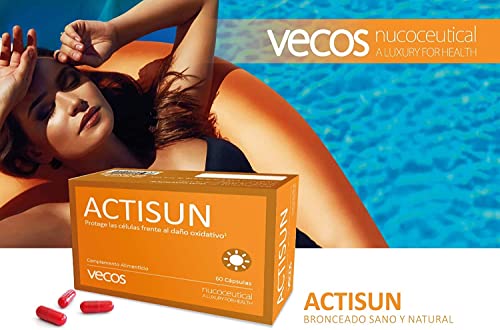 Actisun Vecos con betacaroteno para un bronceado natural y luminoso – Antioxidante con vitaminas C y E para la protección de la piel contra radiaciones ultra violetas y radicales libres – 60 cápsulas