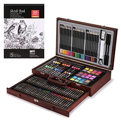 AGPtEK Conjunto de arte de lujo de 141 piezas con estuche de madera, kit de suministros de arte con crayones, lápices de colores, lápices de dibujo, sacapuntas y borrador