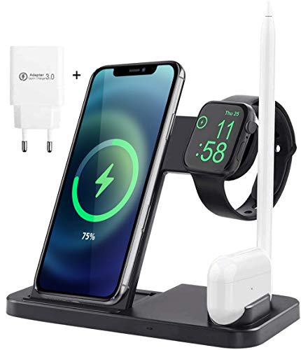 AICase Estación de Carga Inalámbrica, Base de Carga 4 en 1 para iWatch y Airpods, Cargador Inalámbrico Rápido Compatible con iPhone 11/X/XR/8/8 Plus, Samsung y Todos Los Teléfonos Qi