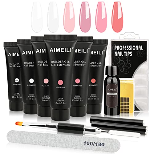 AIMEILI Kit Gel de Extensión de Uñas, Kit Uñas de Gel Completo Builder Gel Nail Extensión Esmaltes Semipermanentes Gel Construcción Rápida Molde Finger 6 Colores con Uñas Postizas/Cepillo Kit1