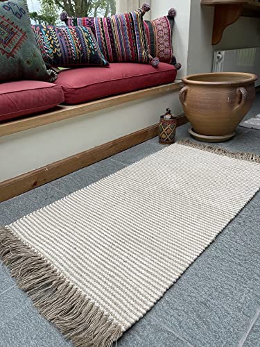 Alfombra Colva Fino Dos Tonos Natural Avena Rayas Beige Tejido Plano De Hilo De Yute De Algodón 70cm x 130cm