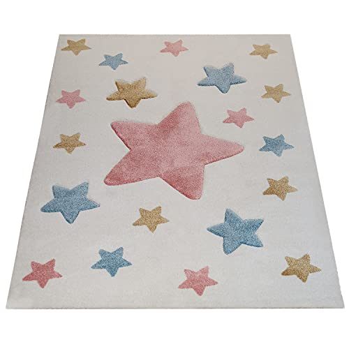 Alfombra Infantil Pelo Corto Colorida Pastel Diseño Estrellas Adorable En Crema, tamaño:160x220 cm