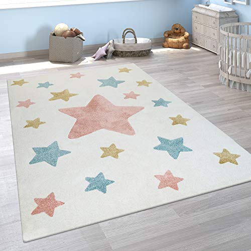 Alfombra Infantil Pelo Corto Colorida Pastel Diseño Estrellas Adorable En Crema, tamaño:160x220 cm