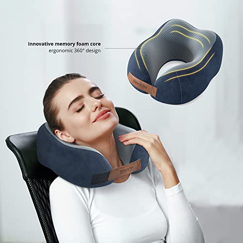 Almohada de Viaje Cuello Espuma Memoria: Set con máscara de Ojos + Tapones + Bolsa de Transporte | Travel Pillow Comoda ergonomica Suave viscoelastica | Funda Lavable, Avion Tren Coche Adultos Niños