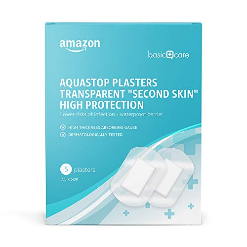 Amazon Basic Care - Tiritas Aquastop transparentes «segunda piel» de alta protección, 60 tiritas, 12 paquetes de 5 unidades, 7,5 x 5 cm