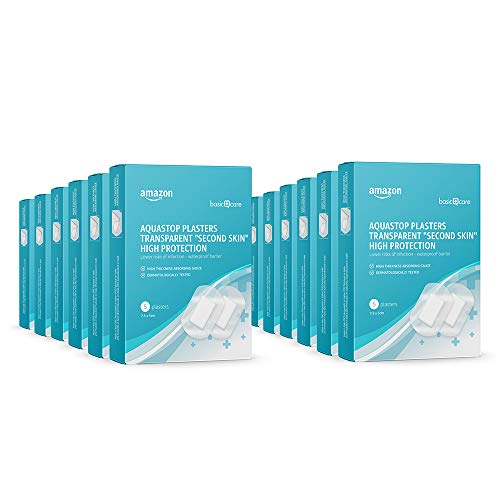 Amazon Basic Care - Tiritas Aquastop transparentes «segunda piel» de alta protección, 60 tiritas, 12 paquetes de 5 unidades, 7,5 x 5 cm