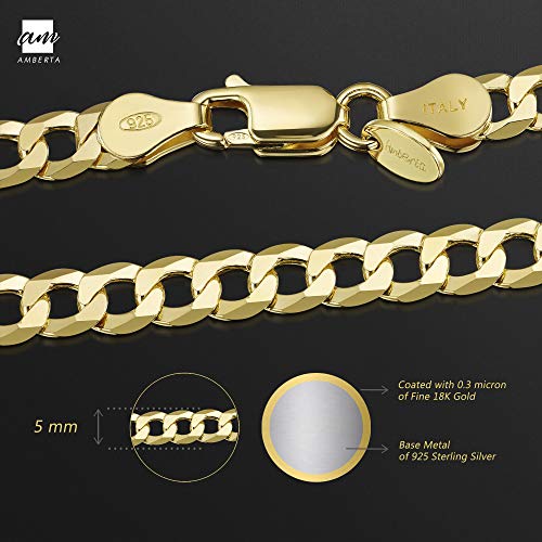 Amberta Cadena Chapada Oro Amarillo 18K en Plata de Ley 925 para Hombre - Malla Barbada - Grosor 5 mm - Longitud 65 cm