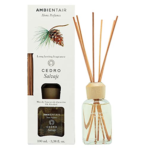 Ambientair Home Perfumes. Difusor de Varillas perfumadas Aroma Cedro Salvaje Ambientador Mikado Aroma Cedro Salvaje. Difusor 100 ml con palitos de ratán. Ambientador sin Alcohol para casa.