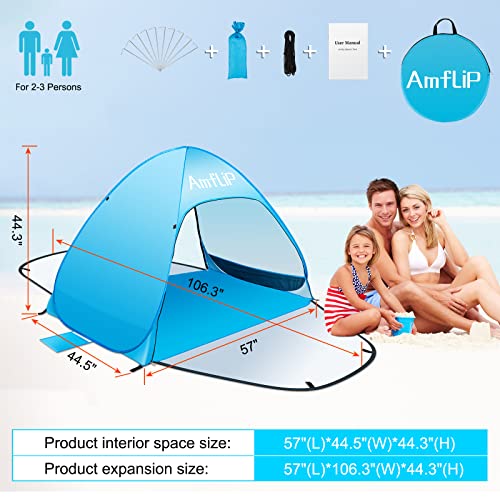 Amflip Tienda de Playa Pop Up para 1-3 Personas, Protección Solar UPF 50+ con Saco Terrero, Bolsa de Almacenamiento, Puertas de Doble Cremallera, Piquetas para Playa, Campaña, Viajes, Pesca, Picnic