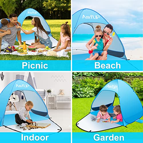 Amflip Tienda de Playa Pop Up para 1-3 Personas, Protección Solar UPF 50+ con Saco Terrero, Bolsa de Almacenamiento, Puertas de Doble Cremallera, Piquetas para Playa, Campaña, Viajes, Pesca, Picnic