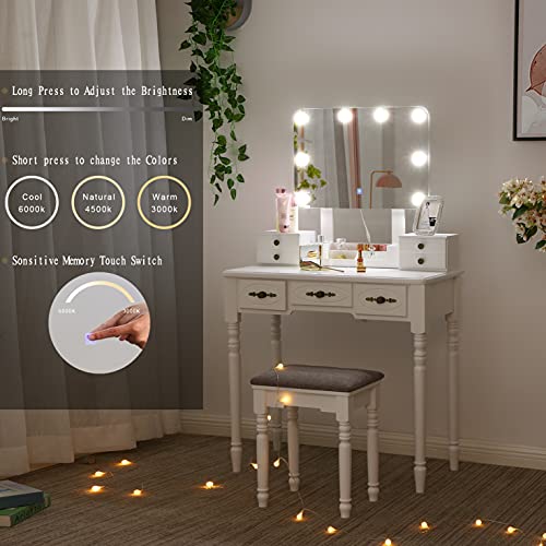 ANWBROAD Tocador con Espejo Plegable Blanco y 8 Bombillas LED Mesa Maquillaje con 7 cajones 3 separadores para Manualidades Taburete Acolchado Organizador móvil BDT08W