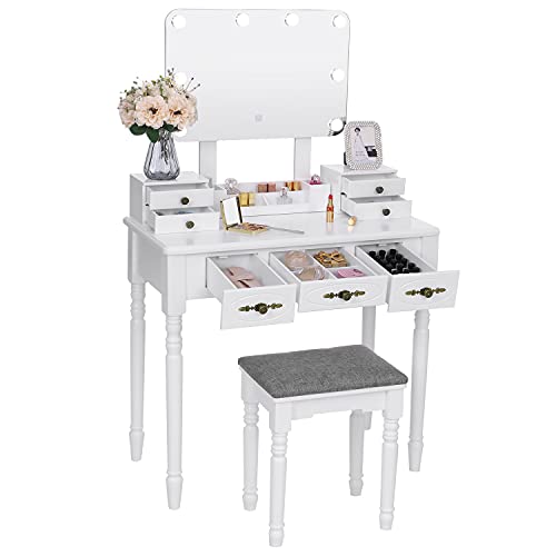 ANWBROAD Tocador con Espejo Plegable Blanco y 8 Bombillas LED Mesa Maquillaje con 7 cajones 3 separadores para Manualidades Taburete Acolchado Organizador móvil BDT08W