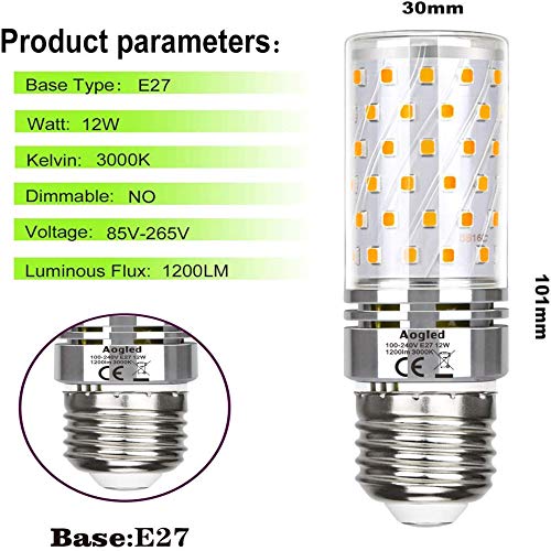 Aogled Bombilla Led E27 12W 3000K,Equivalente Lámpara Halógena De 100W,Blanco Cálido,1200lm,ángulo 360,Tornillo Edison E27,No Regulable,Sin Parpadeo,AC 85-265V,E27 Iluminación Led,4 Unidades