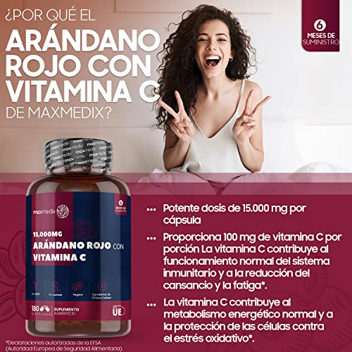 Arándano Rojo Cápsulas 15.000 mg 180 Cápsulas- Suplemento Natural con Vitamina C del Ácido Ascórbico, Extracto de Arándano Rojo Concentrado 50:1 de Alta Absorción, Suministro Para 6 Meses