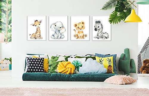 artpin® Juego de 4 imágenes para habitación de bebé, decoración para niños y niñas, DIN A4, póster para habitación infantil, animales de la selva, safari, africano, elefante, tigre, jirafa, cebra, P60