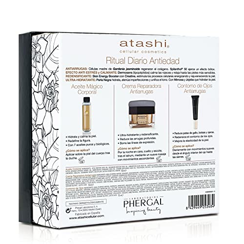 Atashi Cellular Cosmetics | Cofre Ritual Diario Antiedad | Crema Reparadora + Contorno De Ojos + Aceite Corporal Mágico | 50ml + 15ml + 60ml, 125 Mililitro