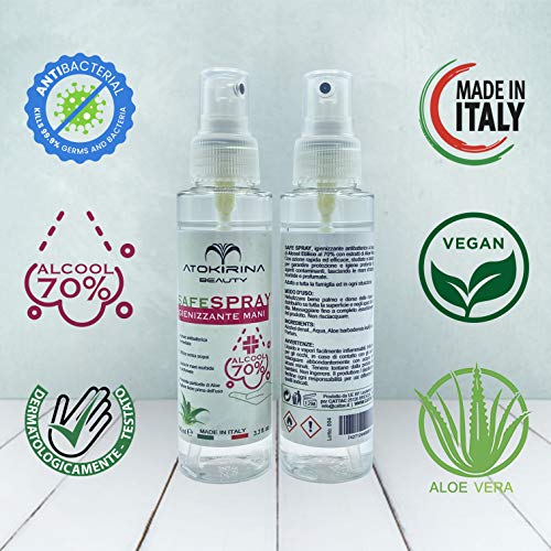 ATOKIRINA SAFESPRAY Desinfectante de manos y superficies 70%Alcohol con Aloe Vera Actúa rápidamente Sin Enjuague Antibacteriano Protege de Virus y Bacterias Desinfecta las manos de los niños 3x100ml