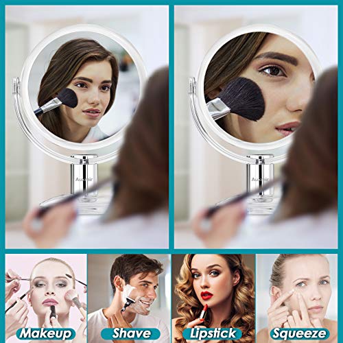 Auxmir Espejo Maquillaje con Aumento de 1X / 10X, Espejo Cosmético Doble Cara, Giratorio 360, Espejo para Mesa Tocador Baño, Transparente