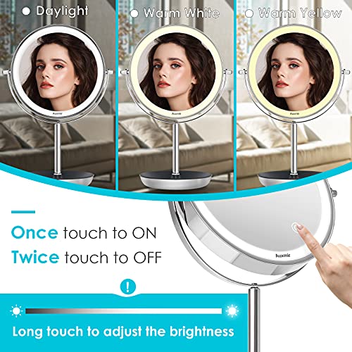 Auxmir Espejo Maquillaje con Luz LED, Espejo de Mesa con Aumento 1/10X, Recargable y 3 Colores de Luz, Doble Cara, Giratorio de 360°, para Maquillaje Afeitado Cuidado Facial, Plata
