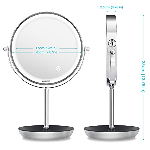 Auxmir Espejo Maquillaje con Luz LED, Espejo de Mesa con Aumento 1/10X, Recargable y 3 Colores de Luz, Doble Cara, Giratorio de 360°, para Maquillaje Afeitado Cuidado Facial, Plata