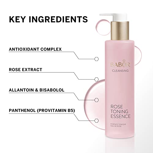 BABOR CLEANSING Rose Toning Essence para todo tipo de pieles, Tónico para la limpieza facial diaria, Fragancia de rosa, Sin alcohol, Fórmula vegana, 1 x 200 ml