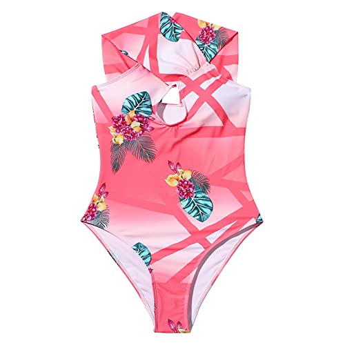 Bañador de Una Pieza para Mujer Traje de Baño Clásico de Cintura Alta de Cuello Altocon Estampado Elegante Delgado Tanga Bikini Push Up de Playa Verano Bikini Sets Ropa de Playa(A Melon Rojo,L)