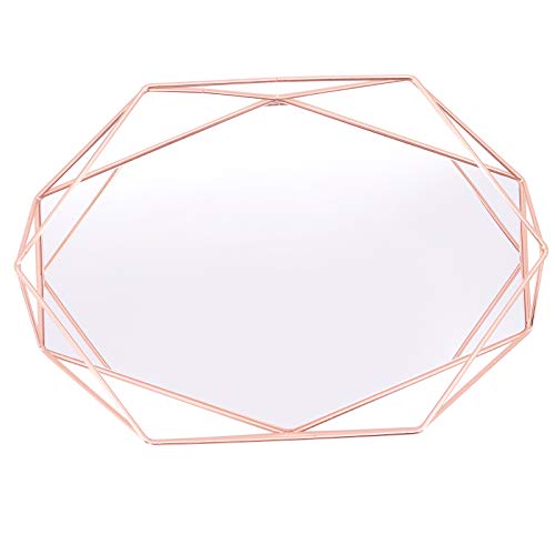 Bandejas cosméticas organizadoras, bandeja de maquillaje con espejo de vidrio polígono, bandeja decorativa de metal para tocador, baño, dormitorio (oro rosa)