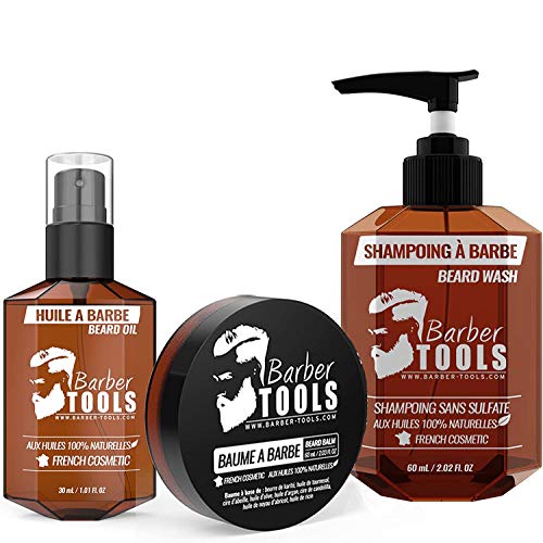 ✮ BARBER TOOLS ✮ Kit de barba cosmética - Oil para barba 30ml + Bálsamo para barba - 30ml + Champú para barba 60ml | Para el mantenimiento y cuidado de la barba - MADE IN FRANCE