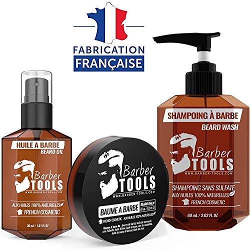 ✮ BARBER TOOLS ✮ Kit de barba cosmética - Oil para barba 30ml + Bálsamo para barba - 30ml + Champú para barba 60ml | Para el mantenimiento y cuidado de la barba - MADE IN FRANCE