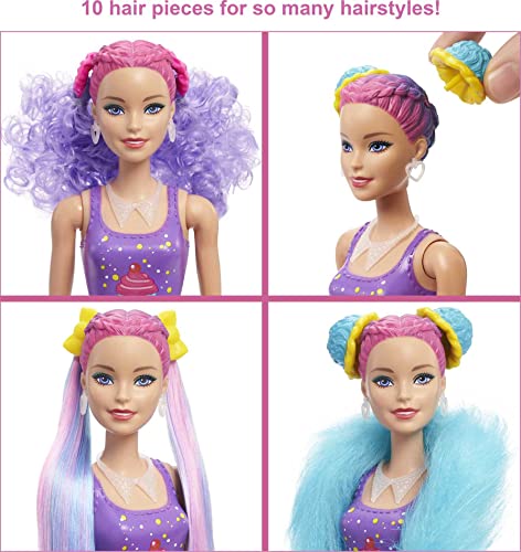 Barbie Color Reveal Peinados Cupcake, muñeca sorpresa de juguete con accesorios para el pelo y mascota (Mattel HBG39)
