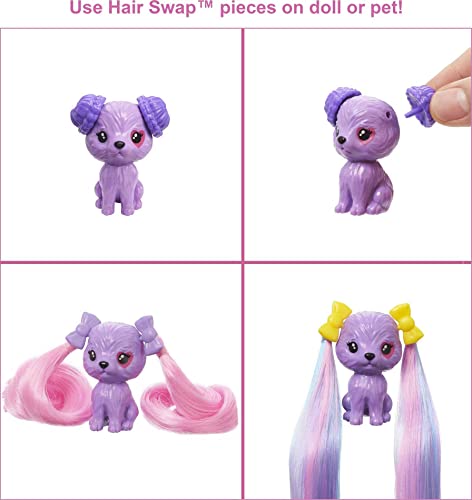 Barbie Color Reveal Peinados Cupcake, muñeca sorpresa de juguete con accesorios para el pelo y mascota (Mattel HBG39)