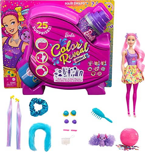 Barbie Color Reveal Peinados Cupcake, muñeca sorpresa de juguete con accesorios para el pelo y mascota (Mattel HBG39)