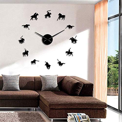 BBNNN AcrylicWall Clock DIY Frameless Big 3D Polo Polo Sport Pony Competition Sticker Wall Giant Wall Clock Polo Rider Frameless Large Table Polo Player Gift 37 Inches Black