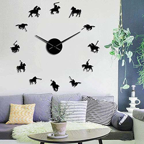 BBNNN AcrylicWall Clock DIY Frameless Big 3D Polo Polo Sport Pony Competition Sticker Wall Giant Wall Clock Polo Rider Frameless Large Table Polo Player Gift 37 Inches Black