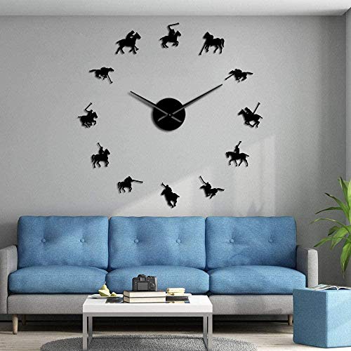 BBNNN AcrylicWall Clock DIY Frameless Big 3D Polo Polo Sport Pony Competition Sticker Wall Giant Wall Clock Polo Rider Frameless Large Table Polo Player Gift 37 Inches Black