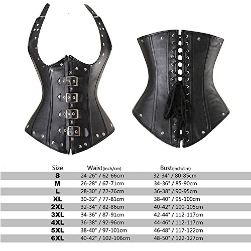 Beauty-You Mujeres Sexy Faux Leather Lace Up Cierre Corset Open Bust Goth Bustier con tanga, 9 Dimensiones Negro M